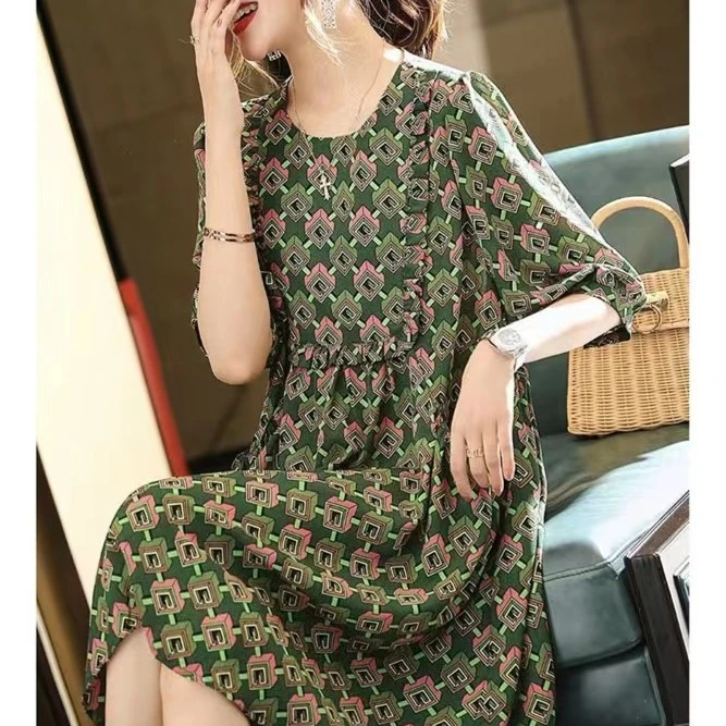 【衣品乐设计师款】欧洲站大码夏新款桑花邹印花连衣裙DUA7943