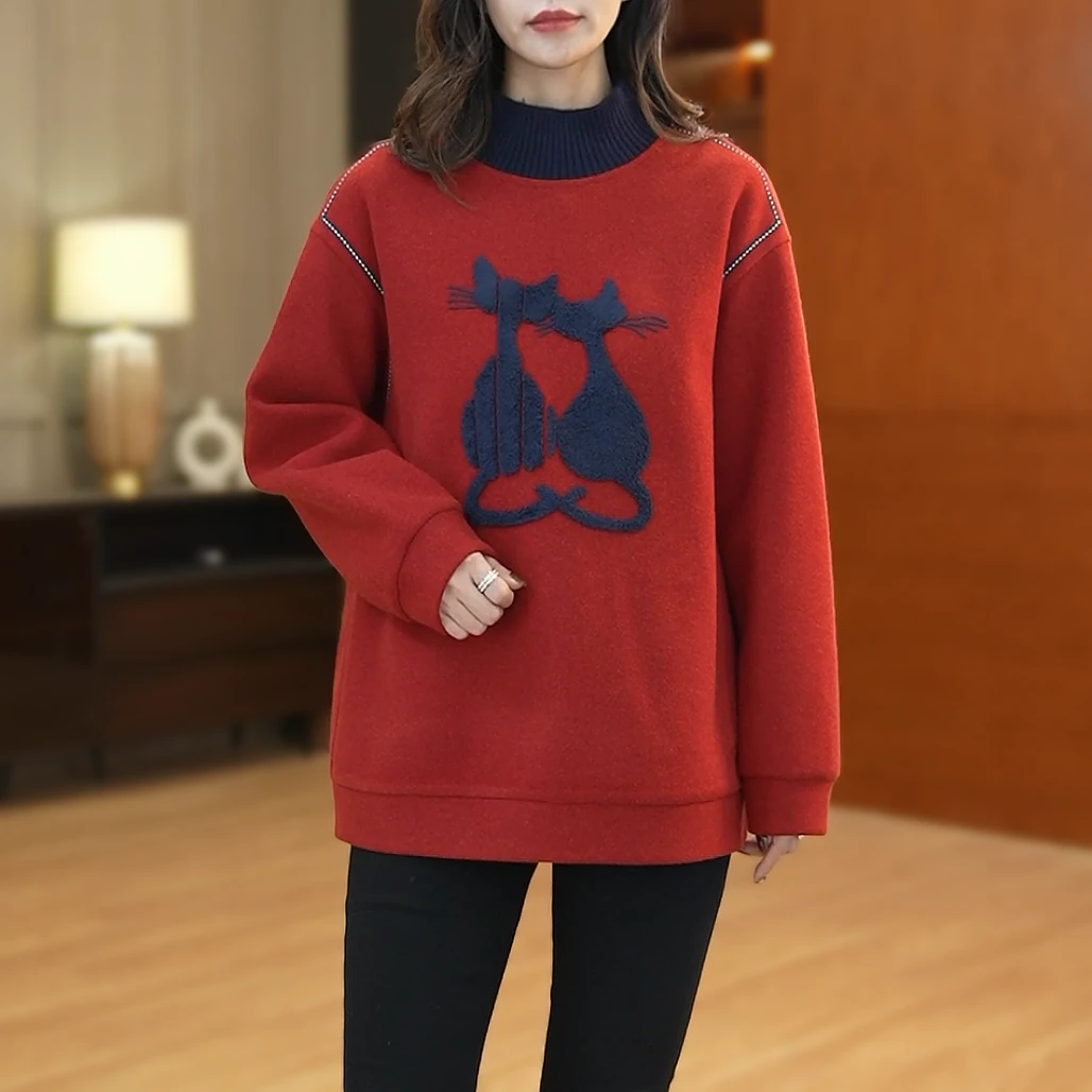 【衣品乐设计款】欧洲站大码猫咪拼色半高领呢料卫衣女DUB3041