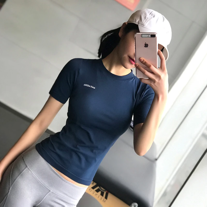 岚纹健身显瘦紧身健身衣女短袖休闲弹力运动服上衣圆领t恤瑜伽服