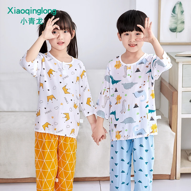 小青龙夏季儿童睡衣男童女童宝宝绵绸小孩八分薄款空调套装