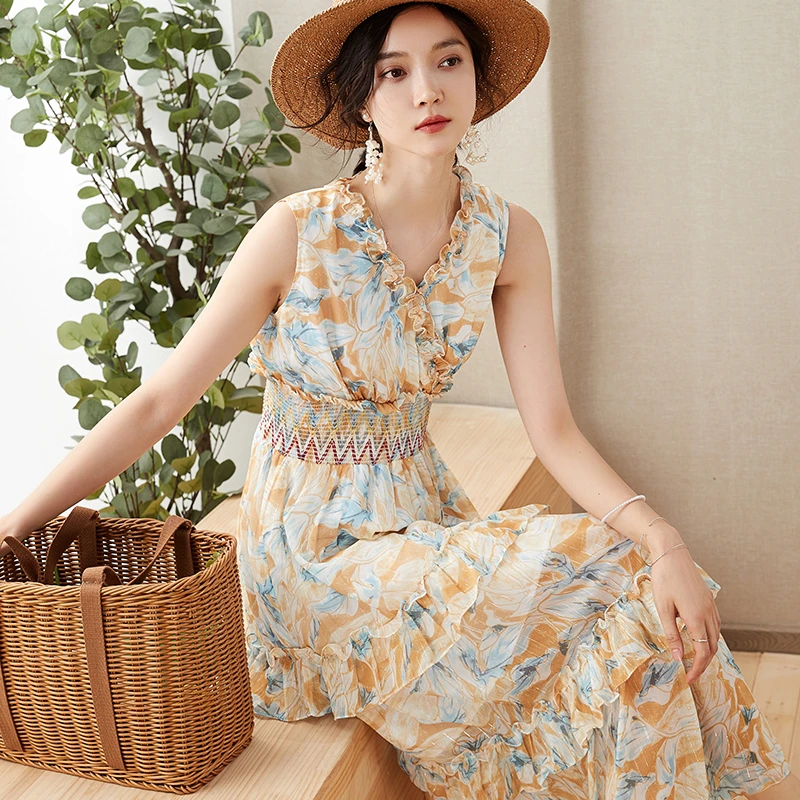 29370夏季桑蚕丝碎花雪纺连衣裙长款高腰气质时尚修身圆领仙女裙