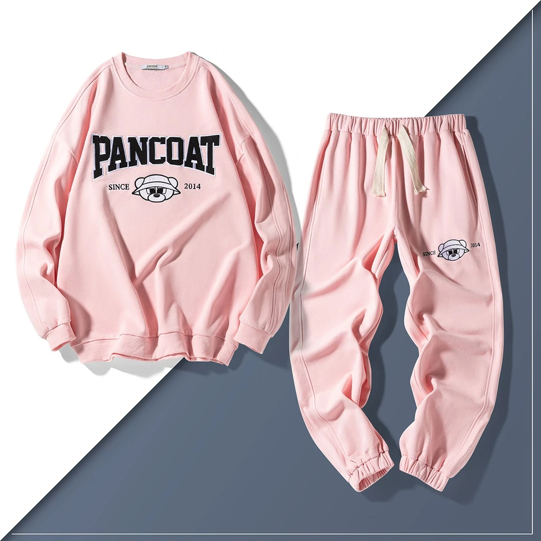 PANCOAT街头潮流小熊绣花罗纹圆领休闲宽松情侣套装PCCSU221101U