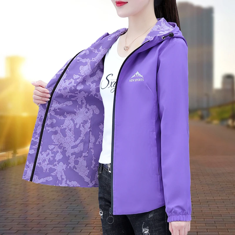 短款双面穿外套女妈妈春秋新款时尚休闲百搭连帽冲锋衣女上衣