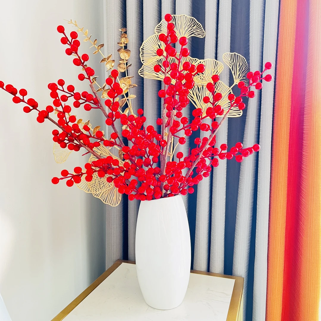 高档红浆果发财果仿真花假花装饰客厅摆件陶瓷花瓶插花家居摆件