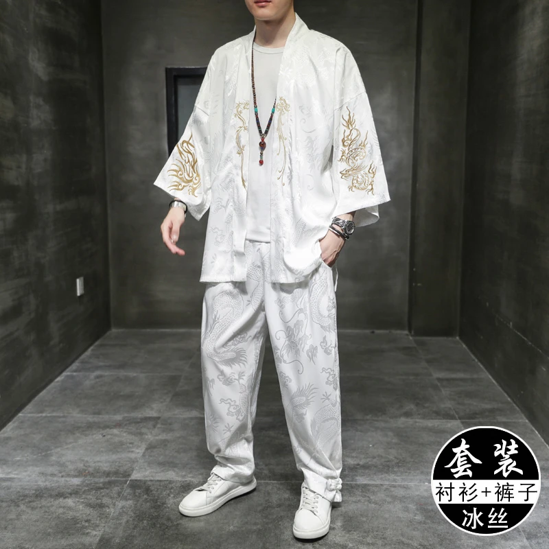 秋薄款冰丝感绸缎汉服开衫古风青年套装男宽松中国风刺绣道袍唐装