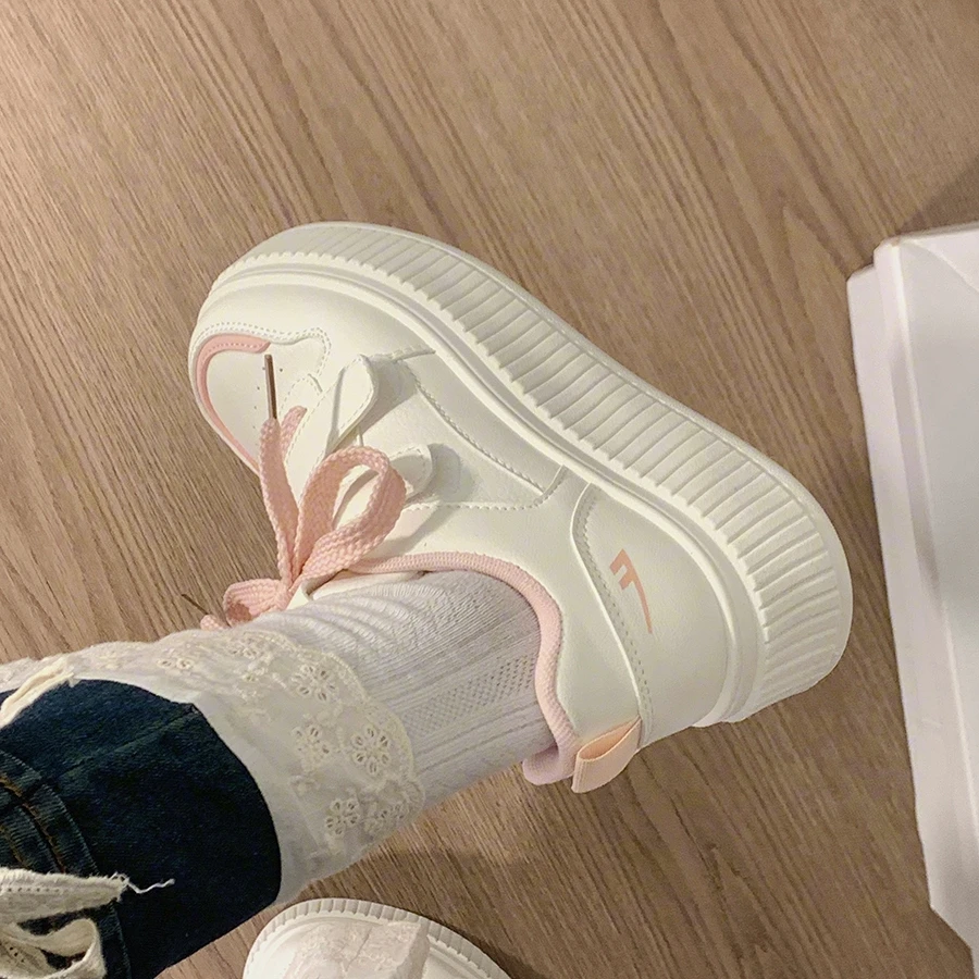 回力樱花粉面包鞋女新款厚底魔术贴女鞋小白鞋显脚小增高韩版板鞋