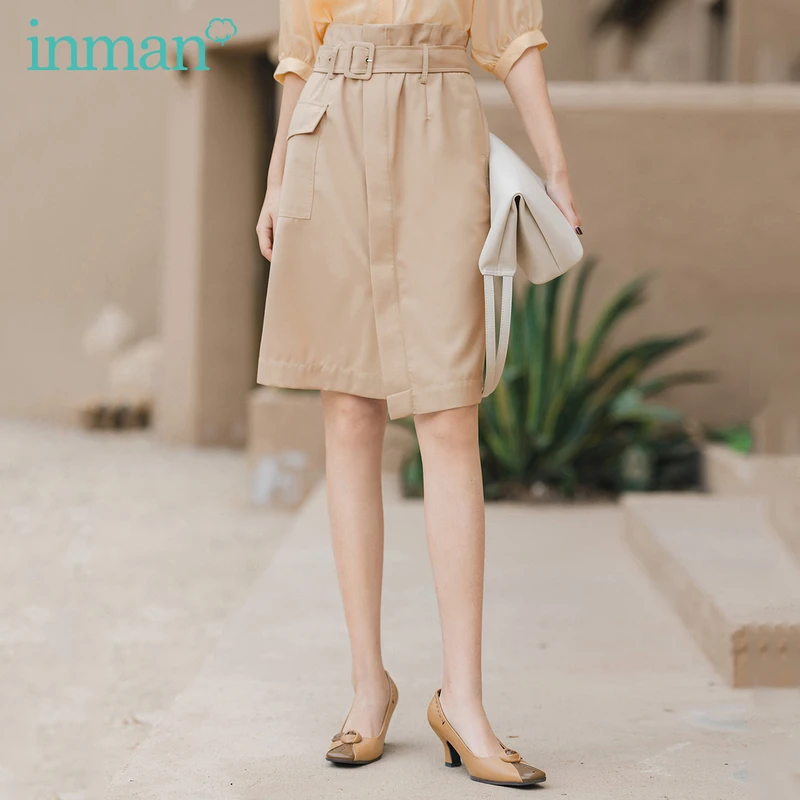 【茵曼女装】法式复古半身裙单边口袋显瘦高腰开衩连衣裙18021066