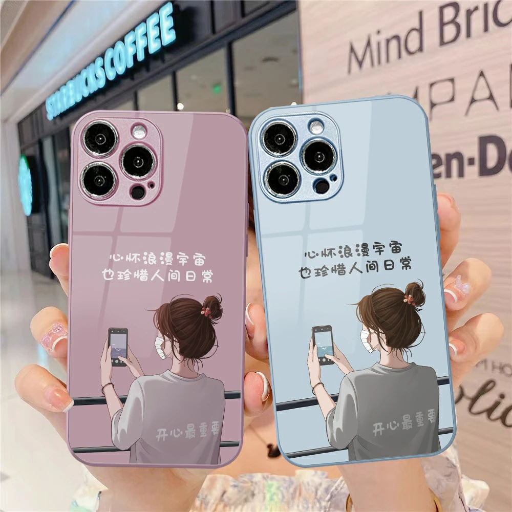 适用于苹果16pro/华为/小米oppo/vivo潮流背影女孩网红玻璃手机壳
