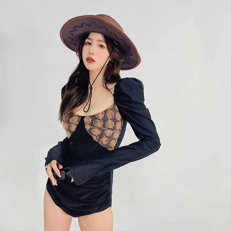 YQM【南法花园】温泉连体泳衣女修身复古泡泡袖垫肩小胸长袖度假