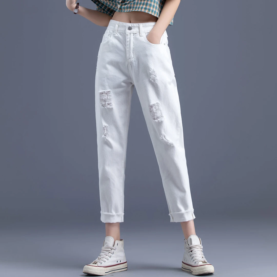 2025秋季宽松白色破洞牛仔裤女高腰显瘦小个子九分窄版哈伦老爹裤