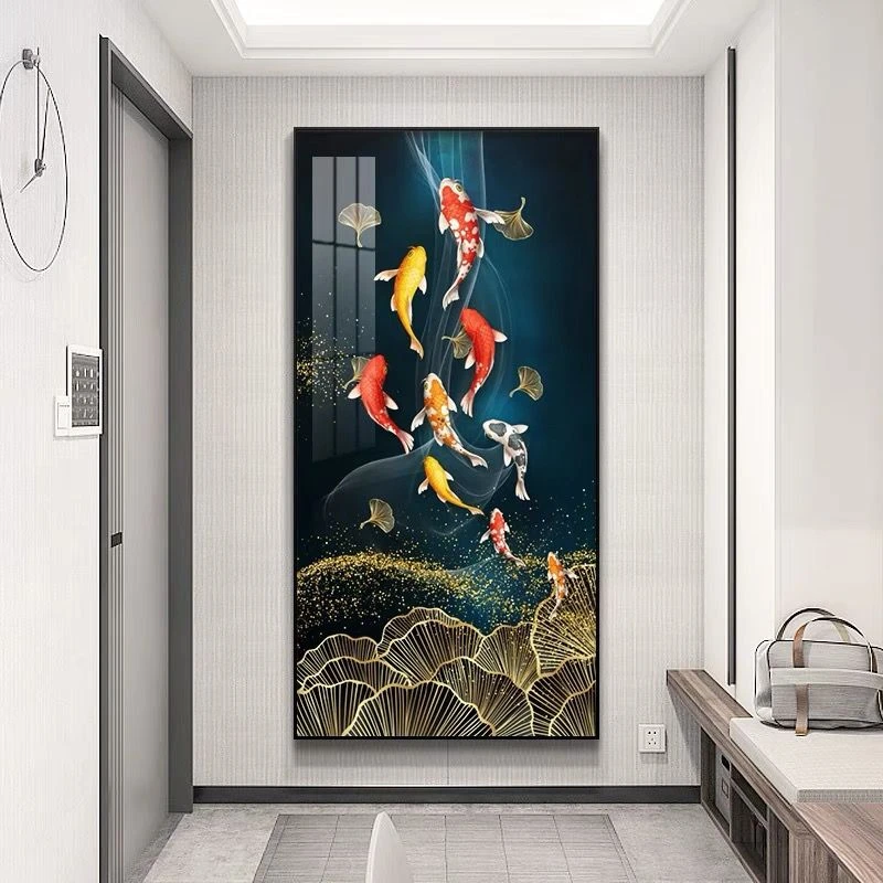 【玄关画挂画】九鱼图新中式入户走廊轻奢简约高端晶瓷镶钻装饰画