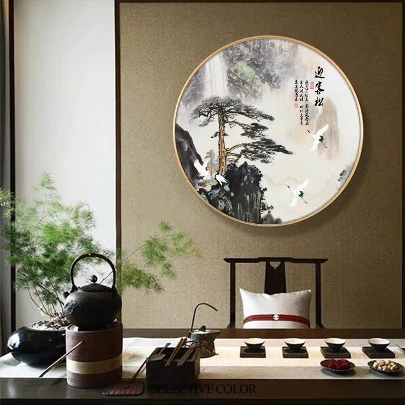 【圆形画】茶室入户走廊玄关高端晶瓷镶钻现代装饰画