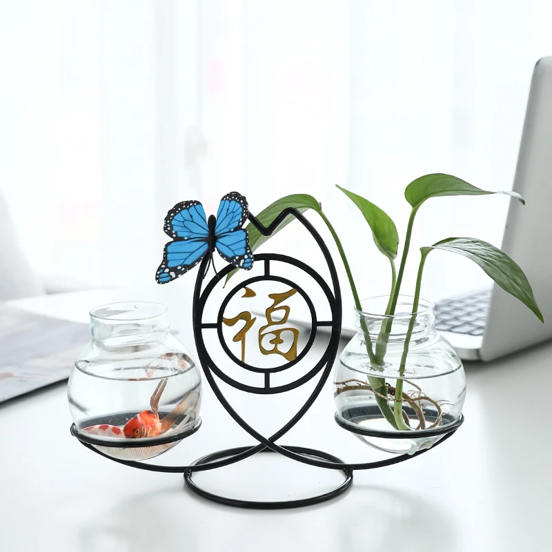 创意绿萝水培器皿玻璃透明花瓶植物插花水养花盆铁艺桌面客厅摆件