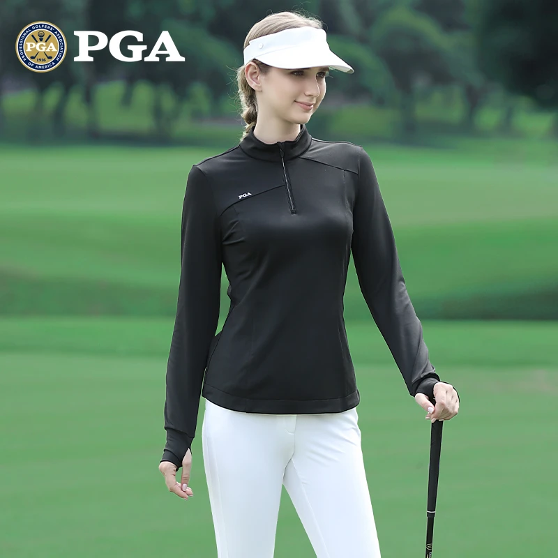 两件五折 美国PGA 春秋 高尔夫女装长袖T恤 立领拉链式 舒适保暖