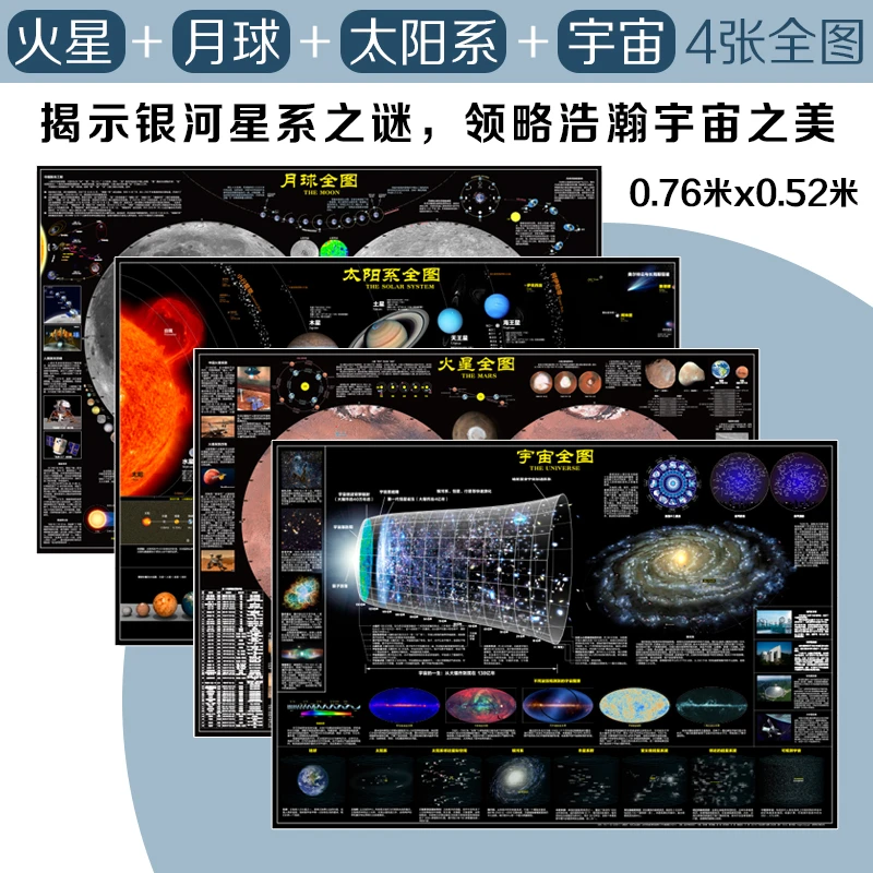 新版太空地图--太阳系、火星、月球、宇宙全图（套装4张）