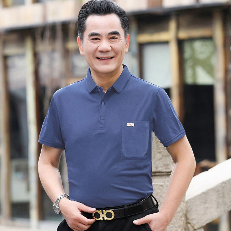 爸爸装薄款男士短袖T恤男翻领有口袋中老年男装40-50岁宝蓝色体恤