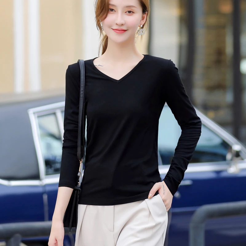 螺纹长袖V领黑色T恤春秋夏季显瘦宽松大码胖MM打底衫女士纯色洋气