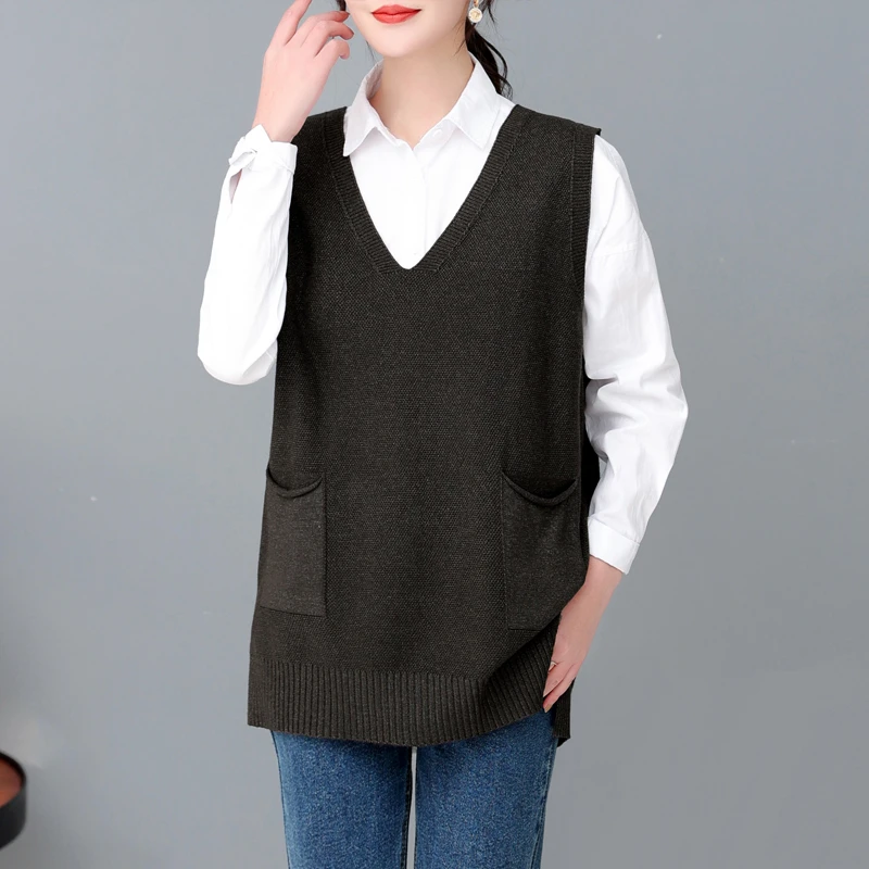 无袖针织口袋马甲女春秋款v领宽松外穿百搭坎肩马夹背心纯色套头