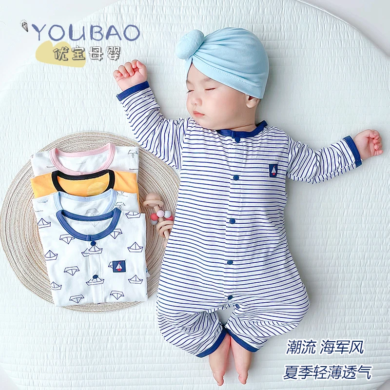 婴儿夏装薄款长袖连体衣纯棉对开哈衣男女宝宝海军风防着凉空调服