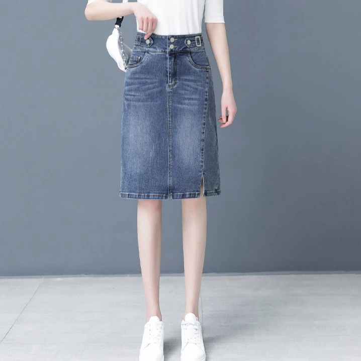 牛仔半身裙女中长款2025夏季新款高腰开叉A字裙短裙小个子包臀裙