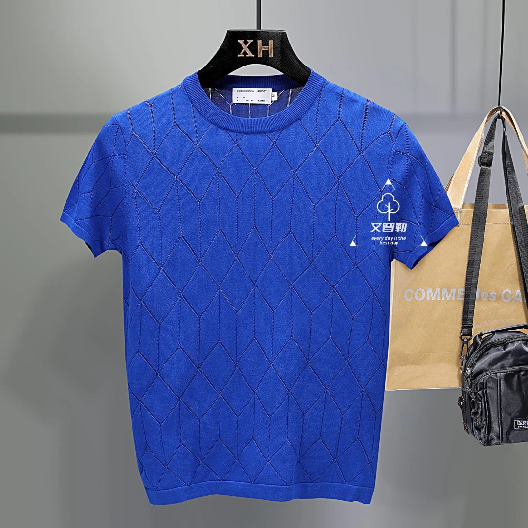 2022夏季新款冰丝短袖男t恤镂空薄款透气蓝色潮社会青年曲珠针织