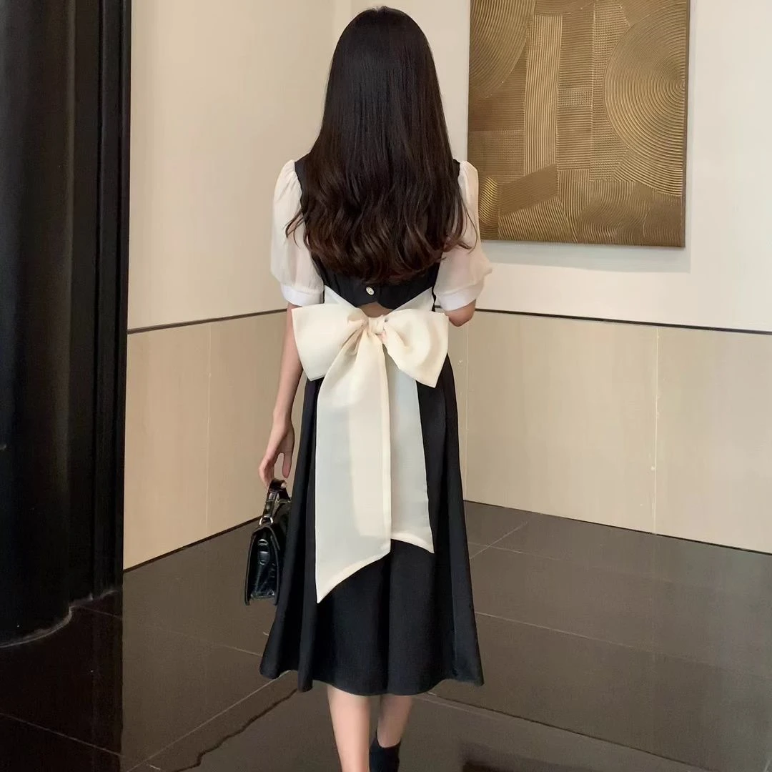 大码女装2022夏新胖mm法式复古露腰系带显瘦蝴蝶结短袖长款连衣裙