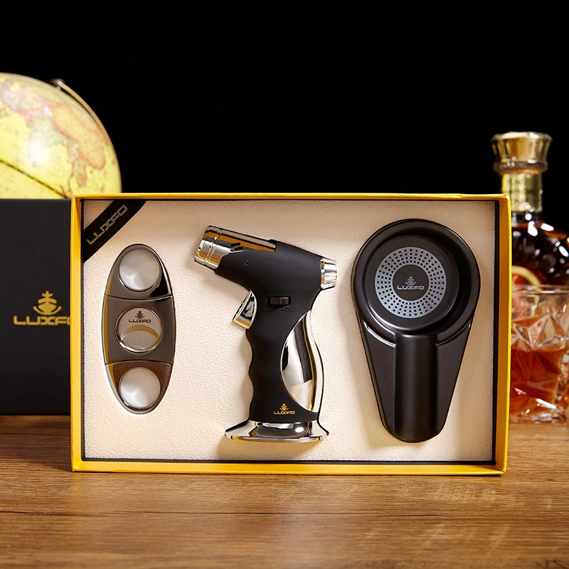 LUXFO雪茄工具套装3件套送礼专用雪茄剪刀防风打火机搭配烟灰缸