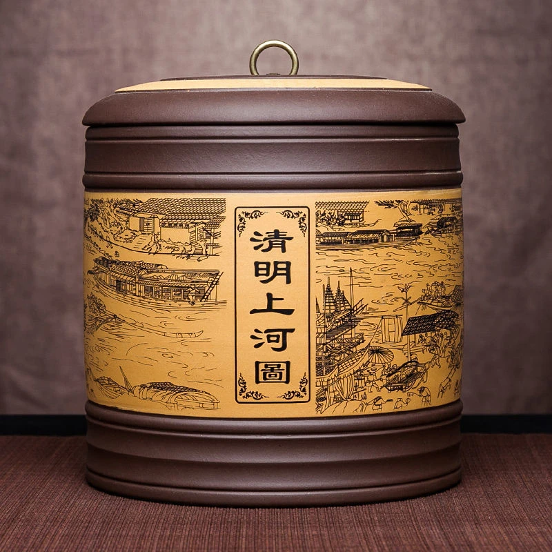 宜兴特大码号手工紫砂茶叶罐密封醒茶器米桶七子饼普洱存储缸陶瓷
