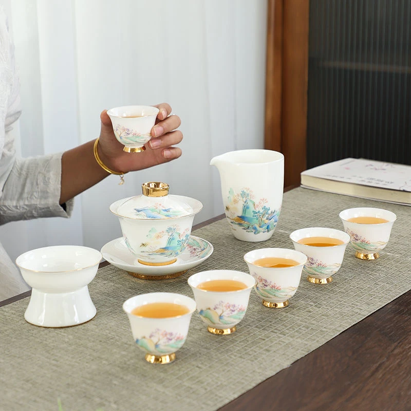 羊脂玉功夫茶杯茶具套装家用泡茶壶简约陶瓷轻奢高端高档盖碗礼盒
