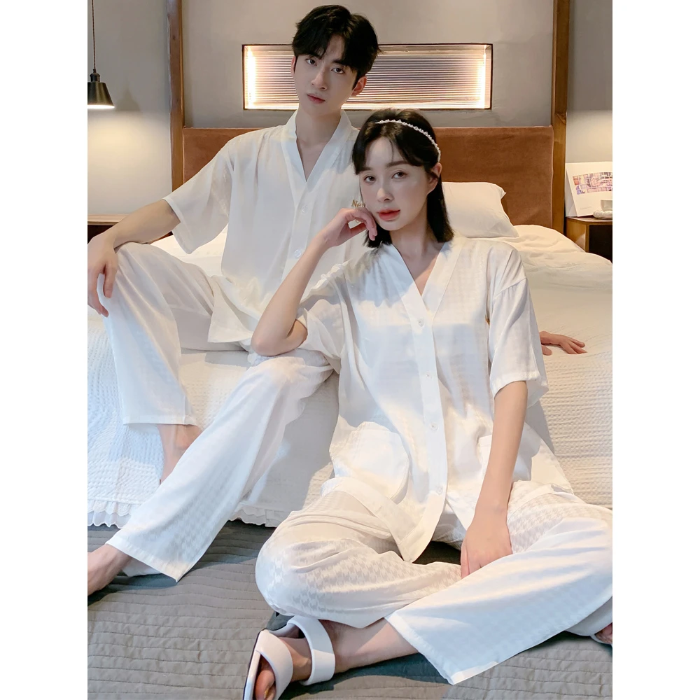 乐姿梦情侣睡衣夏季冰丝少女白色高级感短袖长裤男士四季款家居服