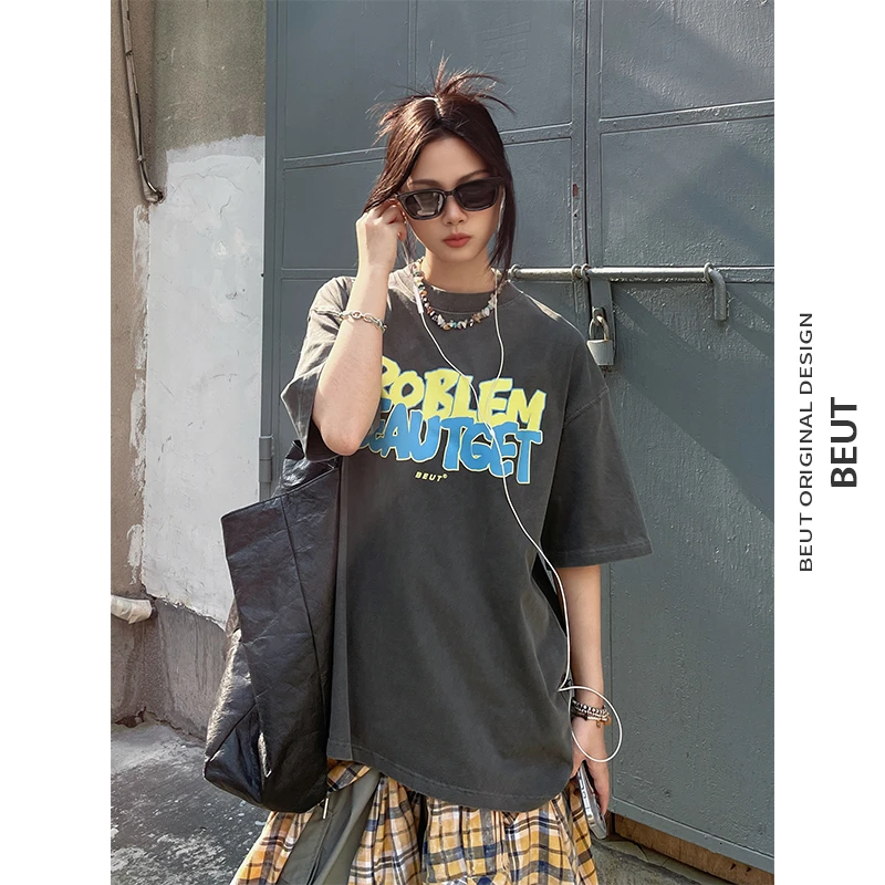 椰子树来了自制美式水洗蜡染短袖T恤情侣欧美潮流宽松做旧短袖tee