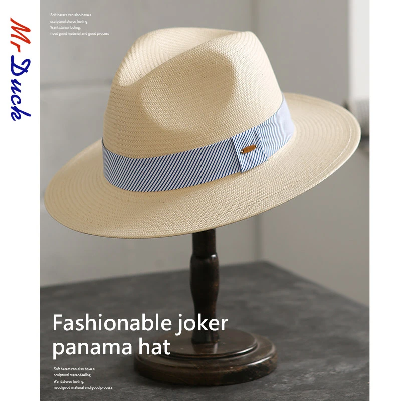 Mr DUCK手工细三分草白色巴拿马帽男女夏大边爵士沙滩帽有大头围