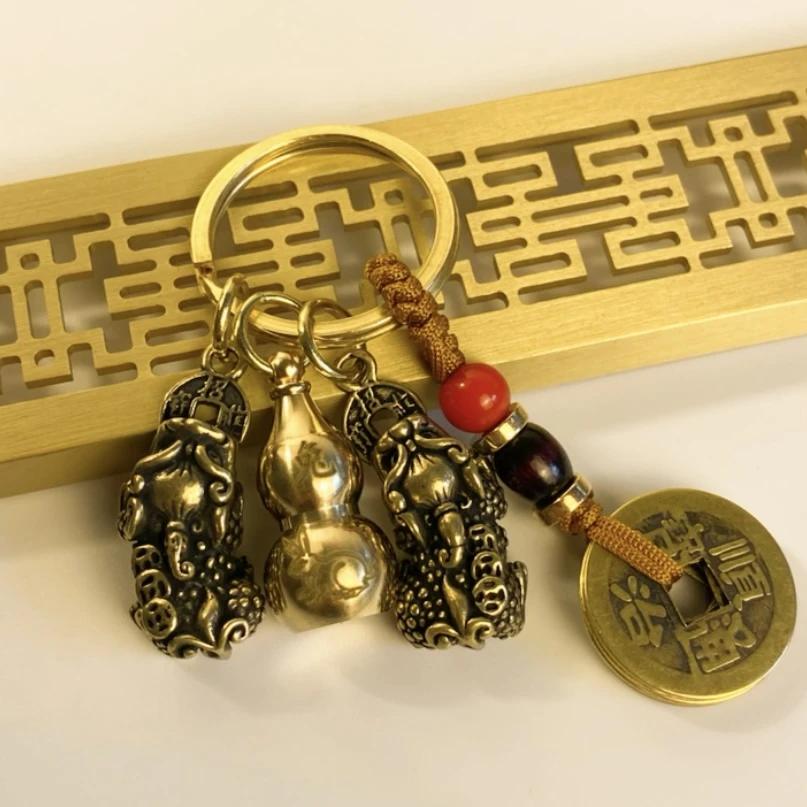 中国风黄铜一对貔貅空心生肖葫芦汽车钥匙扣挂件随身挂饰礼物