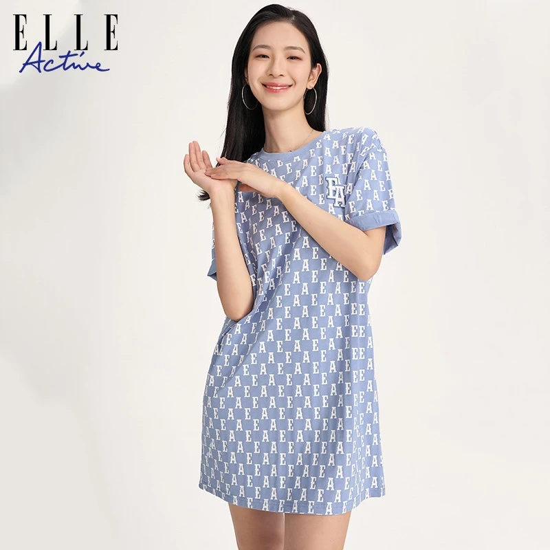 ELLE Active 春夏新款复古满印休闲短袖圆领T恤时尚气质连衣裙