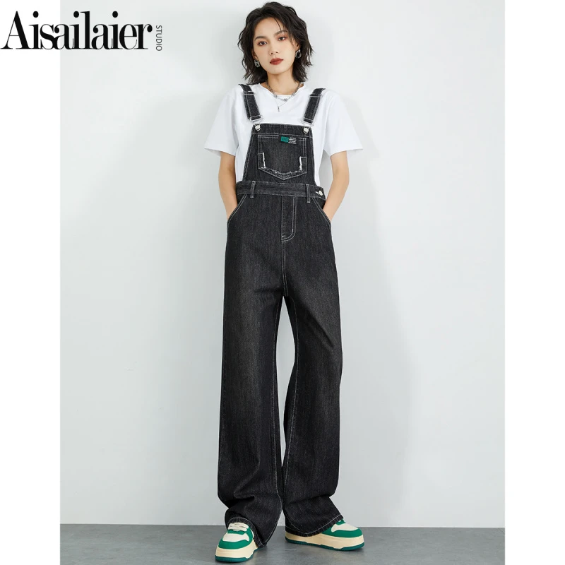 【年度清仓】设计感黑色宽松背带牛仔裤女高腰新款显瘦小个子直筒裤