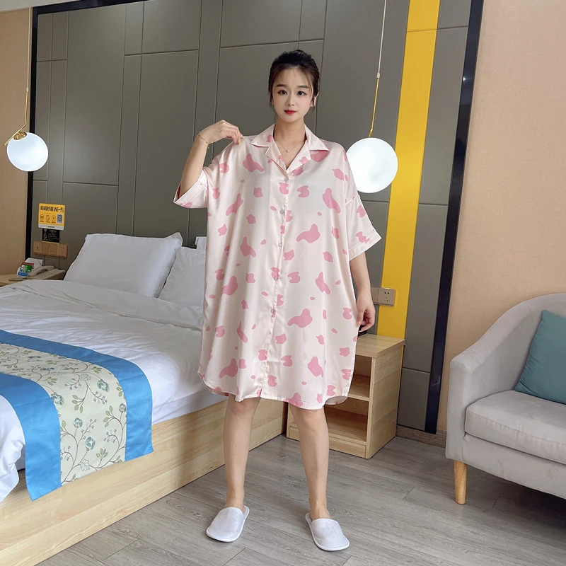 可爱奶牛冰丝大码睡裙女夏季薄款短袖卡通甜美睡衣家居服