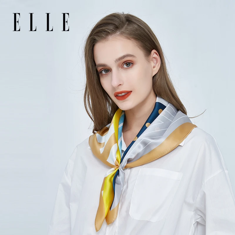 ELLE几何小方巾女士春夏缎面百搭素皱缎时尚丝巾礼盒装20WE21003