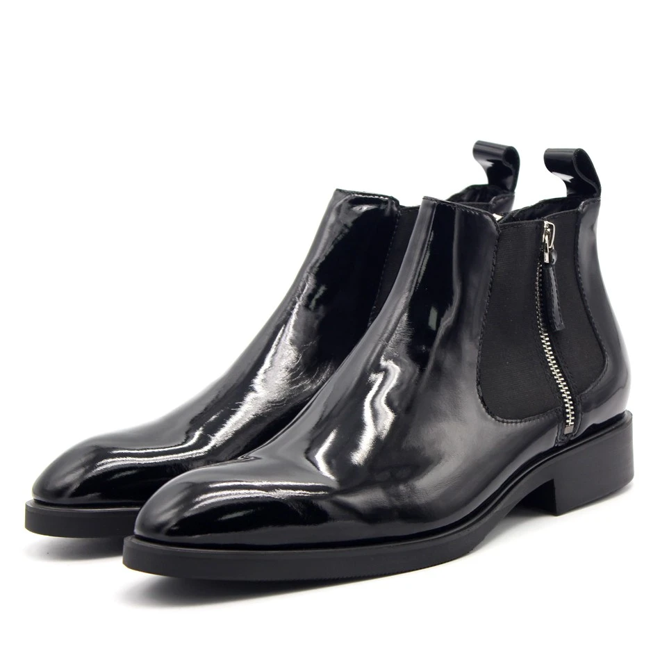 JINIWU2025松紧带拉链牛皮手工英伦尖头油皮经典素面纯黑切尔西靴