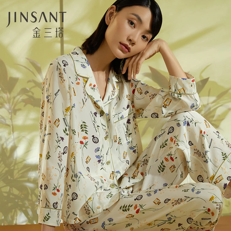 【金三塔官方】100%桑蚕丝真丝女士时尚印花碎花宽松长袖居家套装