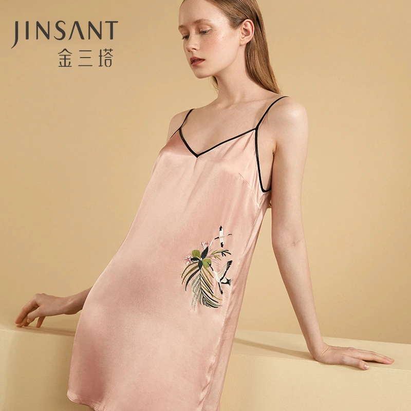 金三塔100%桑蚕丝绣花可外穿睡衣家居服女YSFAC307