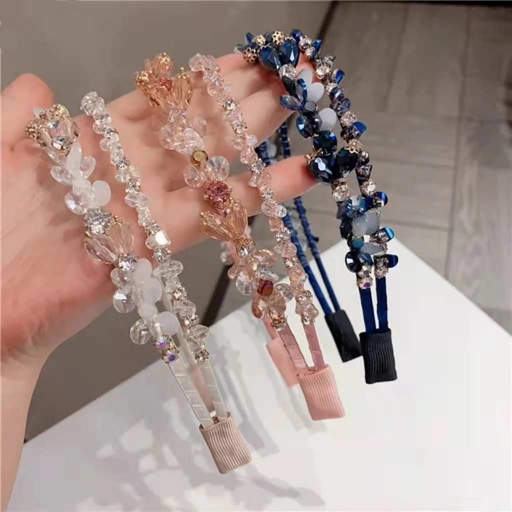 铁合金合成锆石发饰 名媛轻奢发箍水晶亮钻双排头箍手工发卡