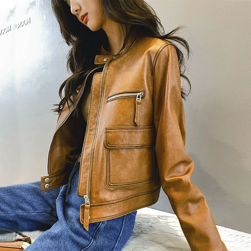 皮衣女2025年新款春秋绵羊皮立领机车修身显瘦真皮韩版短夹克外套