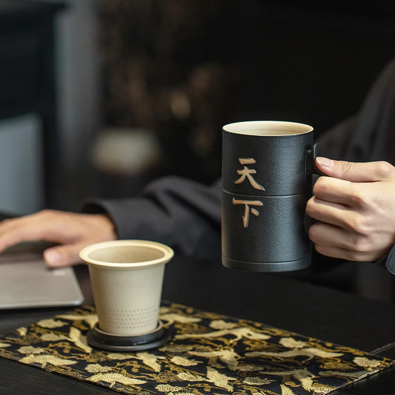 万仟堂个人茶具杯子家用陶瓷办公室茶水杯茶水分离泡茶杯手握天下