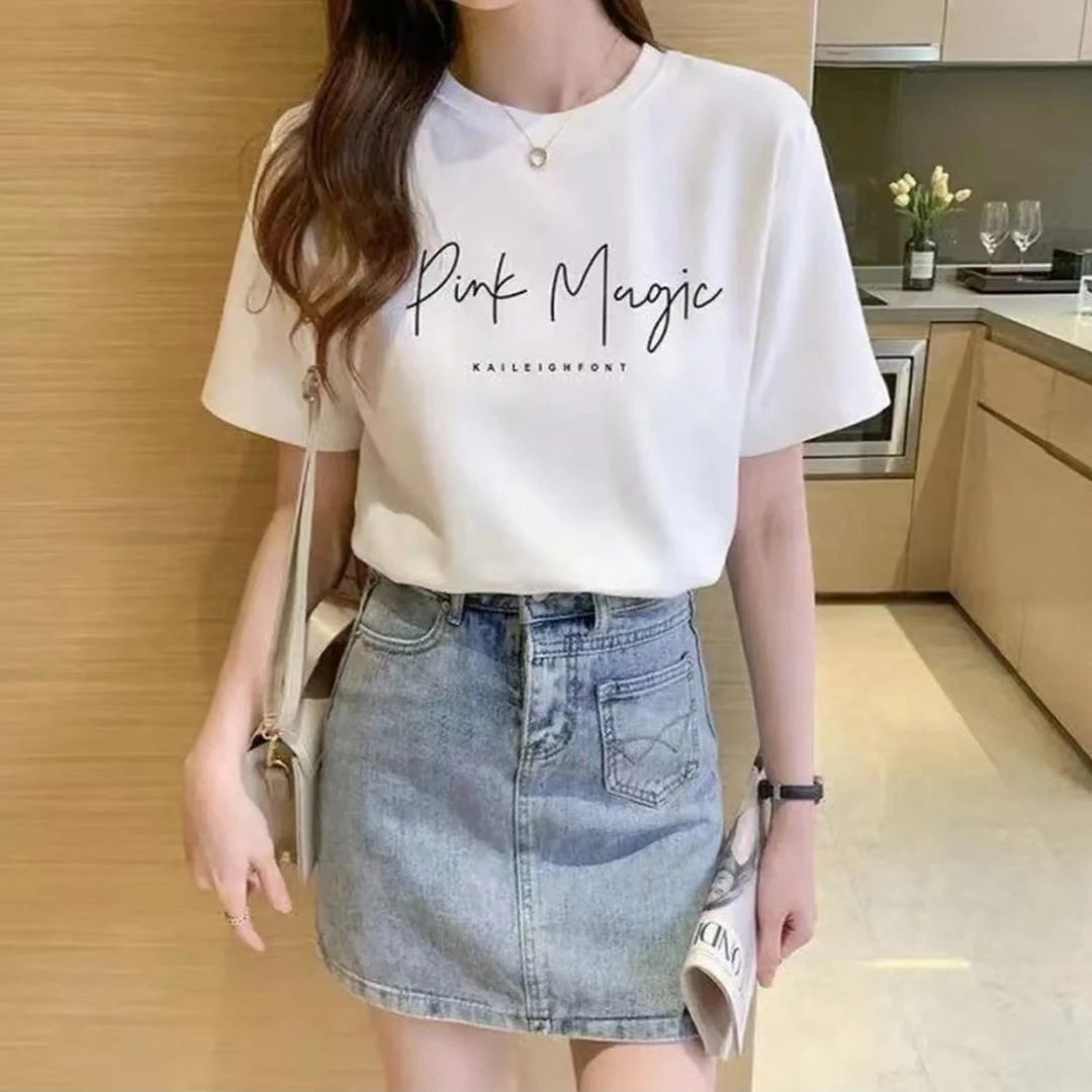 白色t恤女夏宽松短袖薄款印花上衣2022新款小众设计款棉t半袖夏季