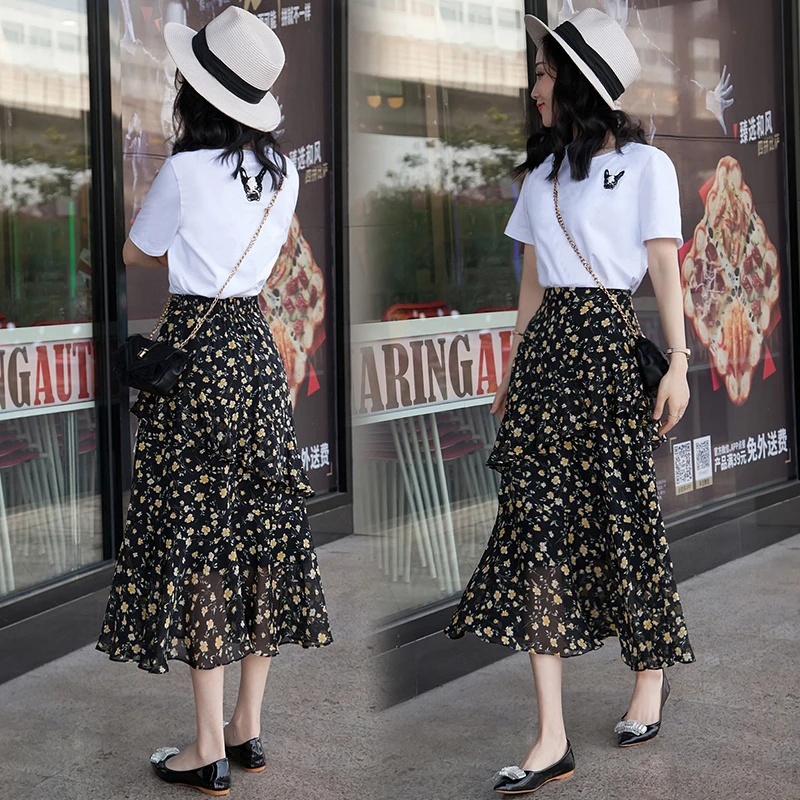 雪纺裙2025春夏新款碎花半身裙高腰显瘦荷叶边百搭中长款半身裙