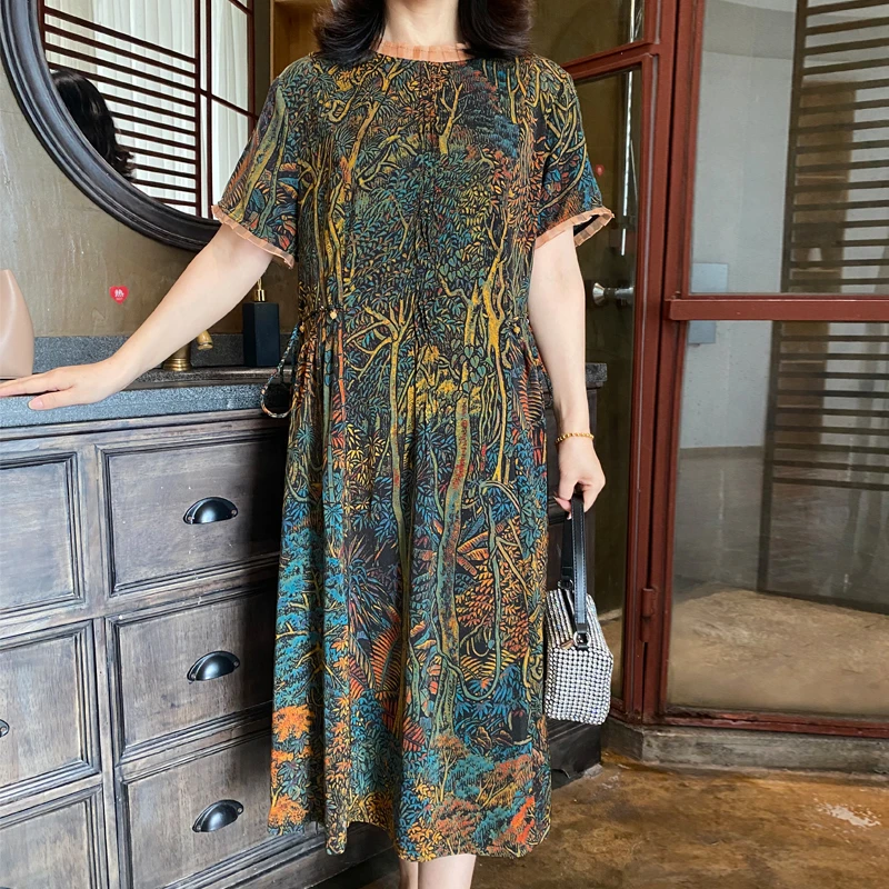(绿野仙踪)夏季气质花边圆领花边短袖可调节收腰妈妈连衣裙766#