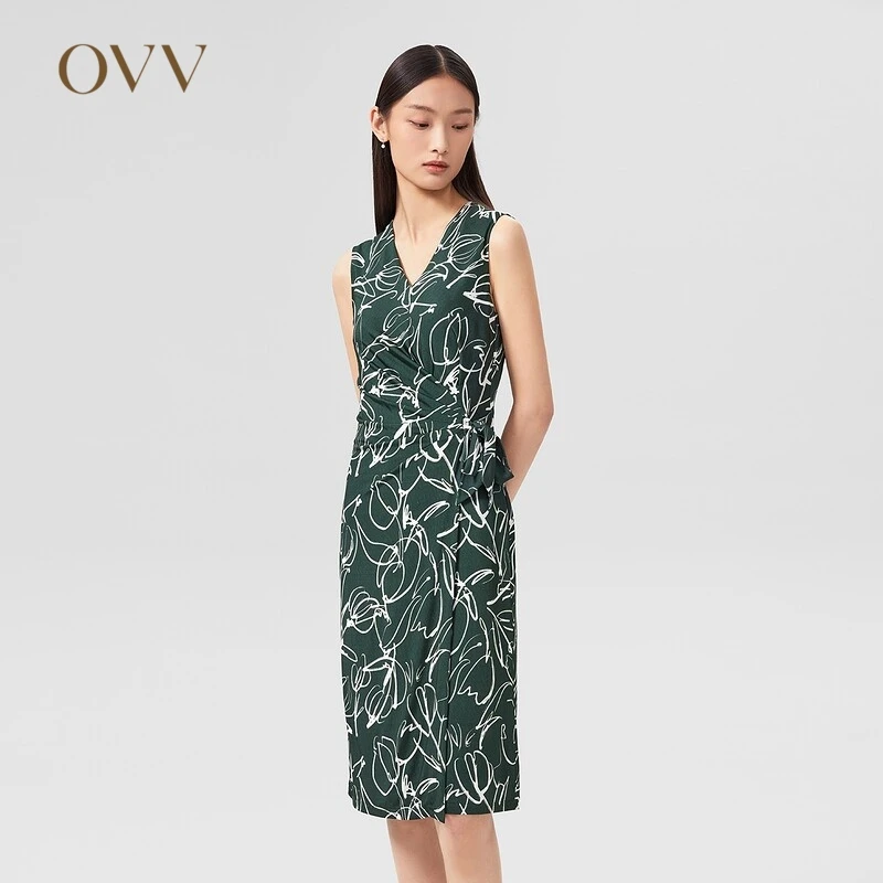春夏新女装V领针织印花收腰修身褶饰无袖连衣裙GQLWJ22006A