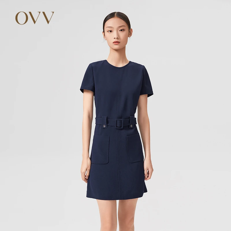 OVV春夏款女装圆领日本进口三醋酸短袖混纺连衣裙GQLBJ22013A