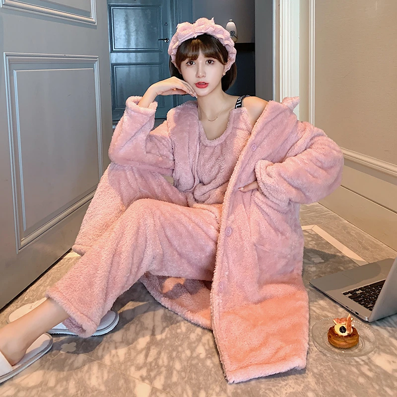 睡衣女冬2025年新款加厚加绒甜美学生长毛绒长袖开衫三件套家居服