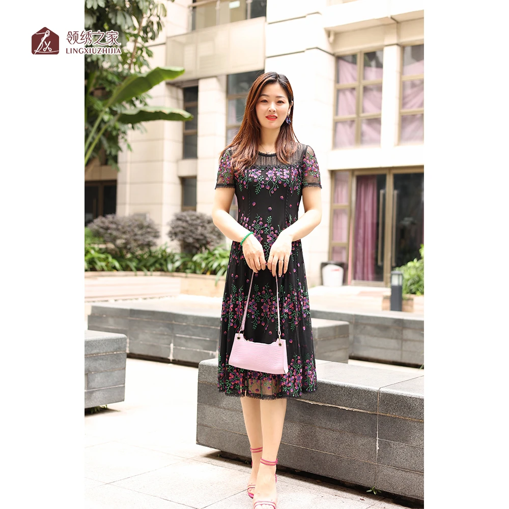 蕾丝绣花连衣裙台湾装妈妈装#L700712H-03时尚气质修身复古收腰